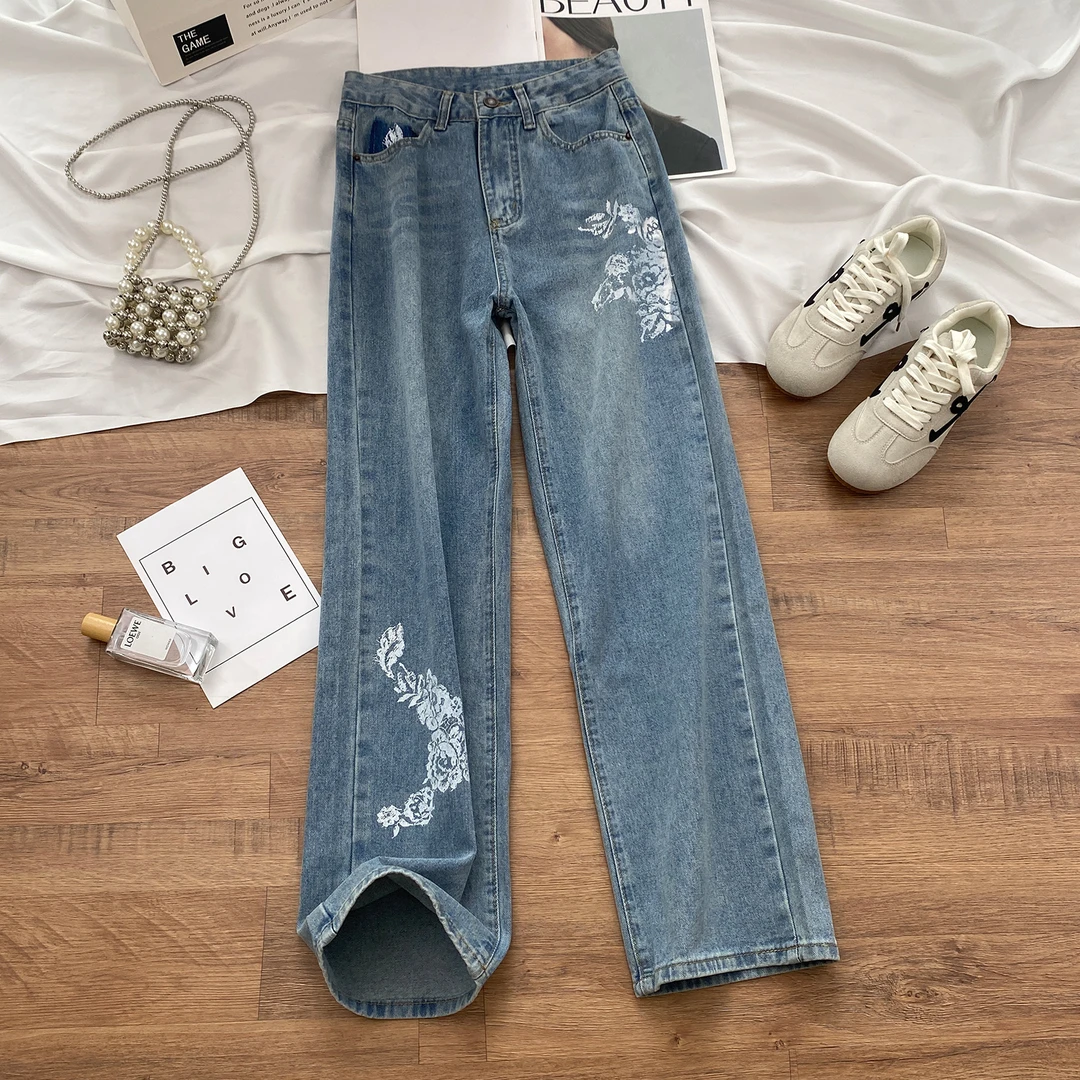 浅色直筒牛仔裤女早秋季2025年新款设计感印花高腰显瘦窄版阔腿裤