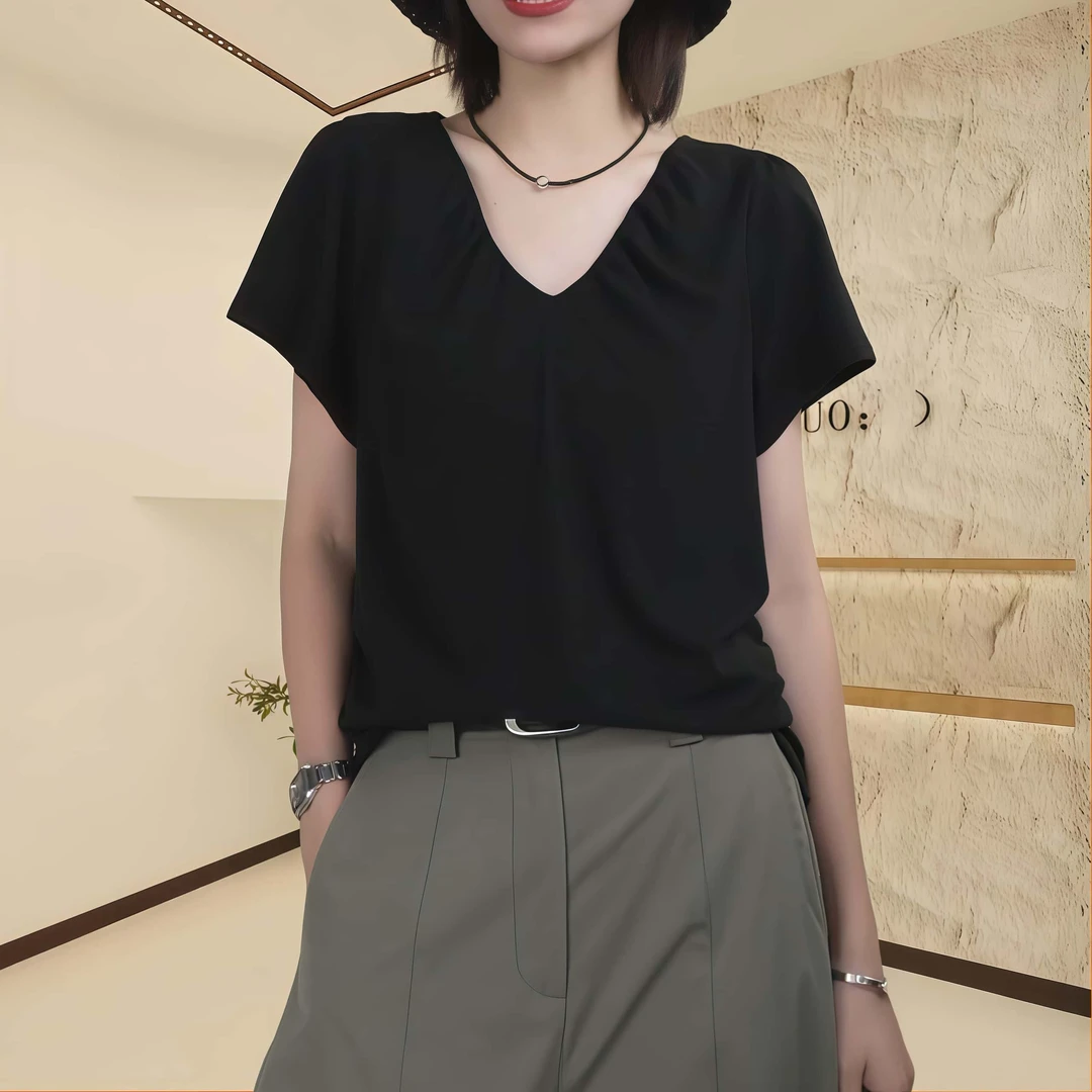 夏季气质v领纯色短袖T恤女2025新款时尚捏褶设计洋气显瘦大码上衣