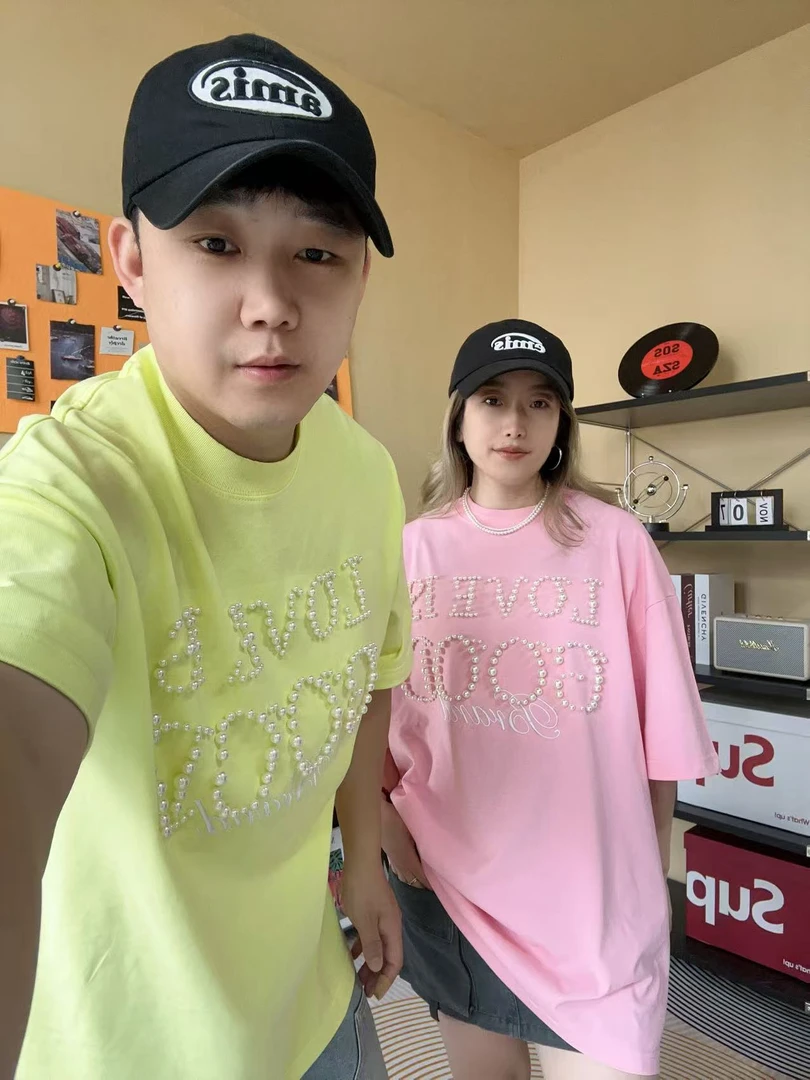 【粉色珍珠款短袖】360克情侣款时尚宽松潮流圆领纯棉短袖1