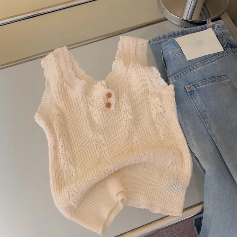 法式针织钩花镂空打底背心女2025夏季吊带气质新款设计感显瘦上衣