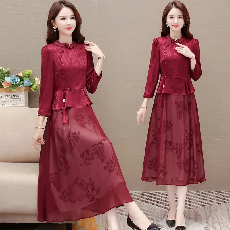 复古新中式拼接印花假两件连衣裙2025秋季修身显瘦中长款国风裙子