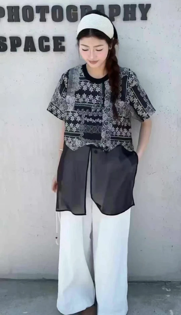 【王杏儿定制】腰果花黑色网纱拼接短袖休闲百搭不规则宽松圆领上衣