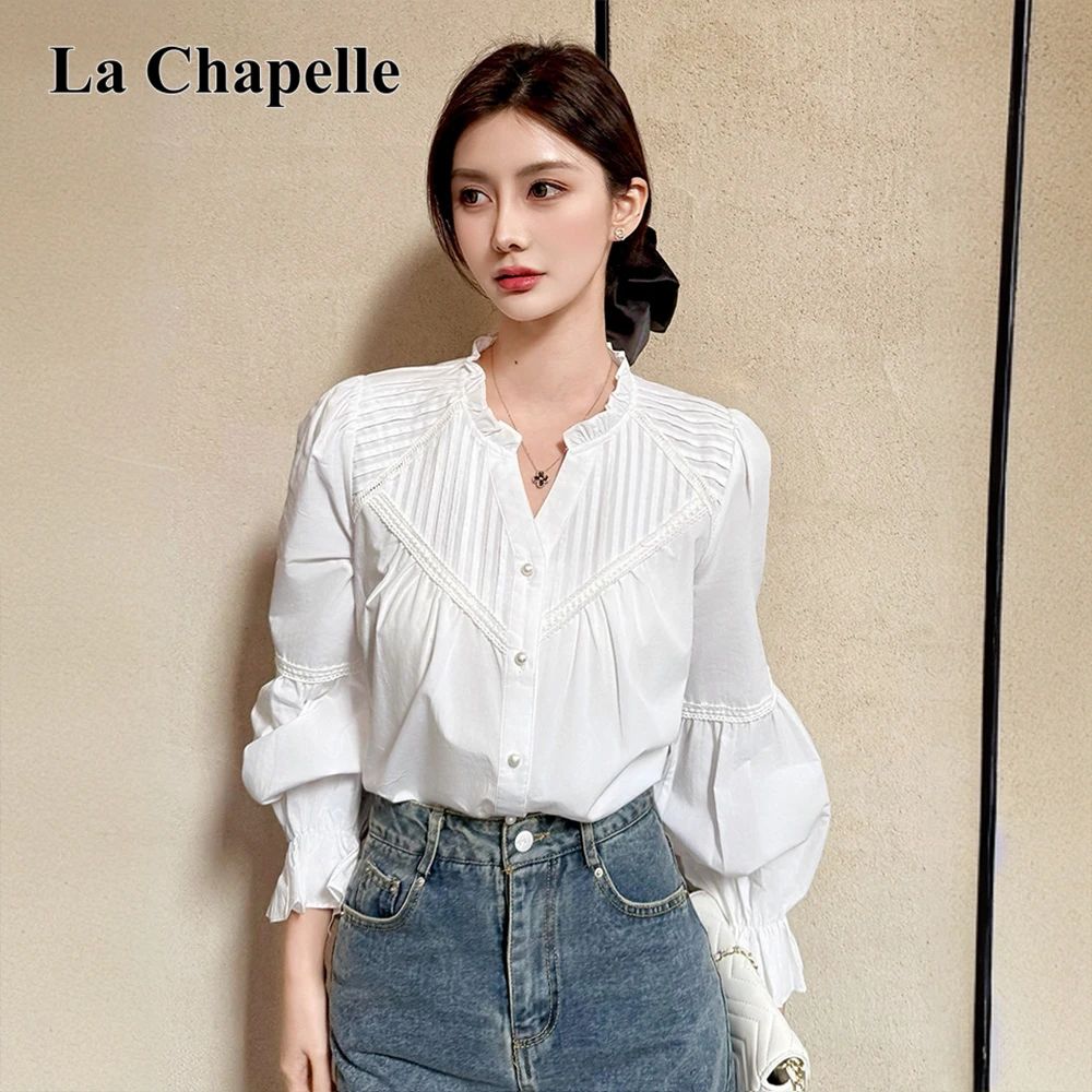 拉夏贝尔2025秋新款衬衫法式小个子v领长袖时尚百搭气质衬衣上衣
