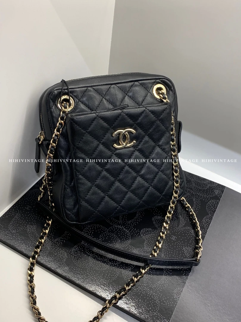 95新 Chanel/香奈儿 HIHI/黑金菱格纹相机包 26开/6763933/一店