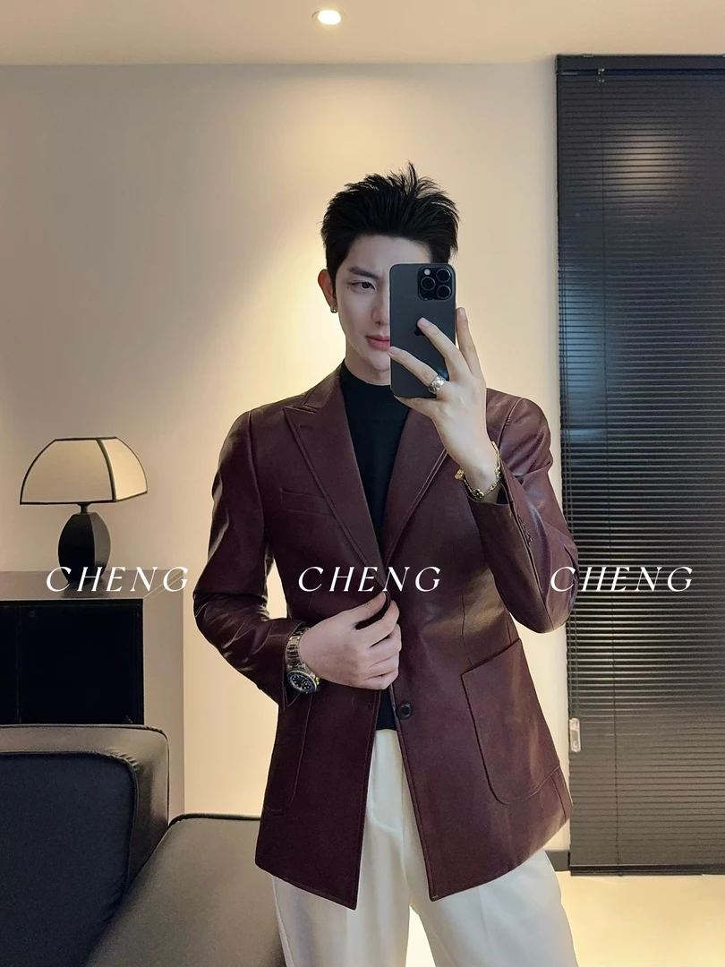 「程程的试衣间」轻奢新品男士戗驳领皮衣西服痞帅潮流韩版西装外套