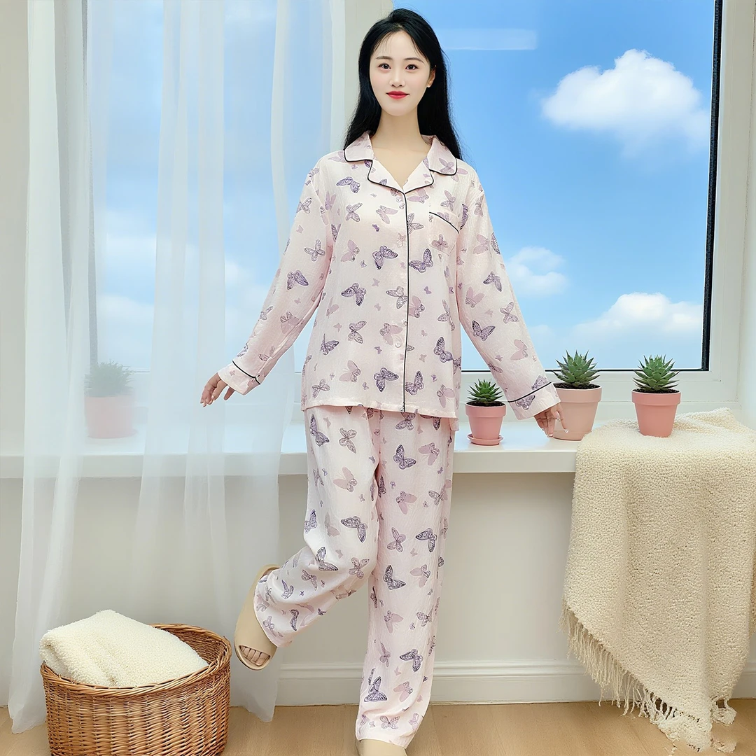 云朵棉V领睡衣女士新款春秋长袖不带胸垫可外穿家居服套装Y170