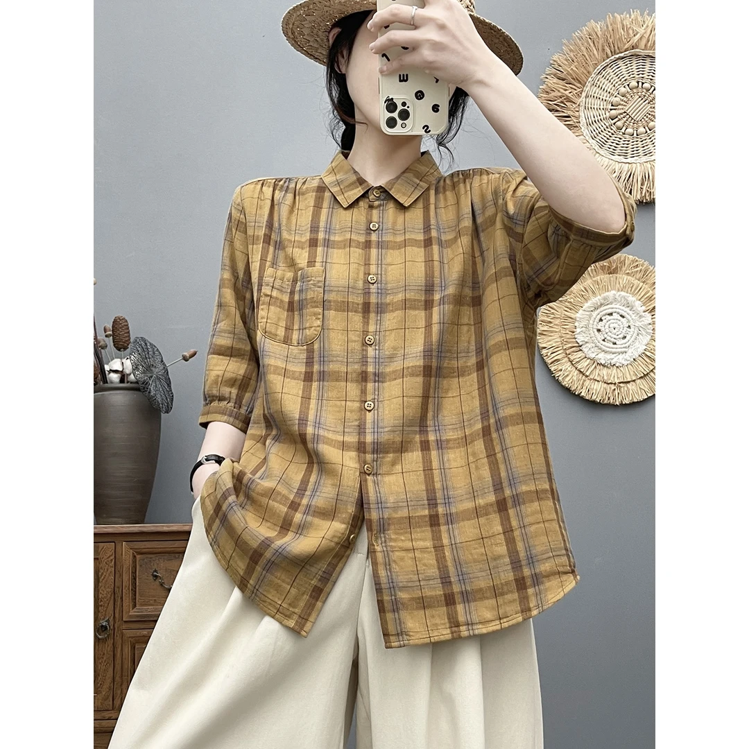 夏季薄款纯棉格子短袖衬衫女宽松休闲双层棉纱五分袖上衣方领衬衣