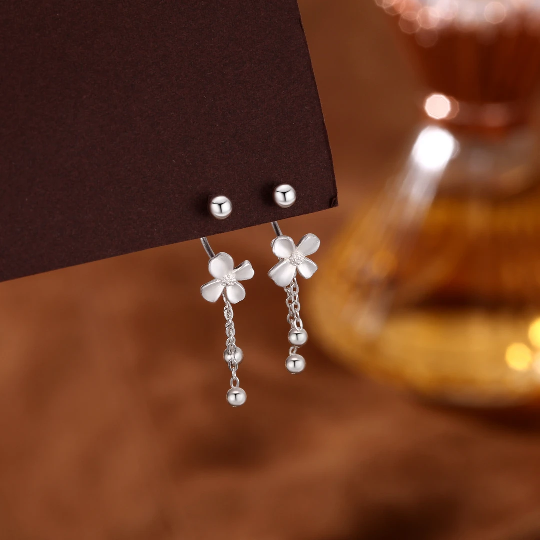 足银耳饰 S999足银花朵流苏耳环纯银U形耳环E545