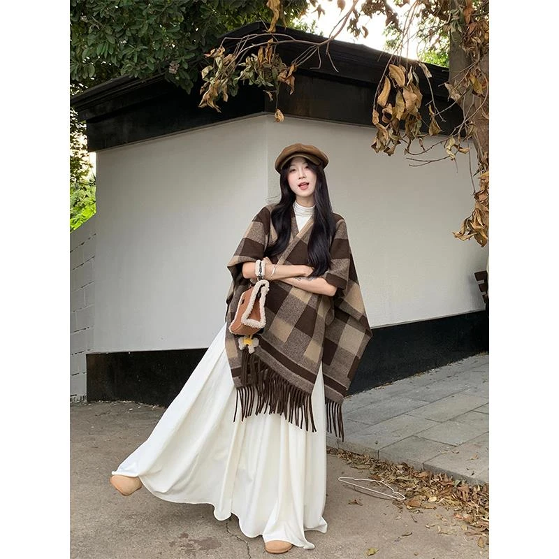 美拉德色系格子流苏披肩围巾女韩系百搭高级感保暖围脖冬季加厚款