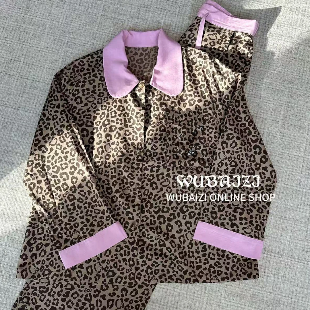 WUBAIZI｜ 豹纹黑皮kitty刺绣女春秋宋雨琦同款天丝棉套装25913