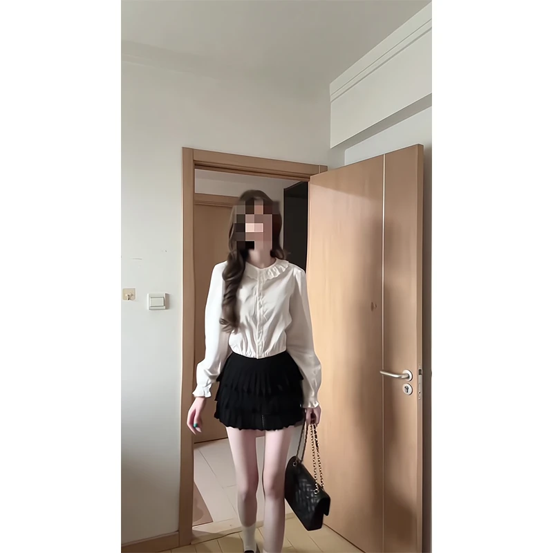 2025新款女士早秋季韩系娃娃领荷叶边长袖衬衫上衣高腰显瘦半身裙