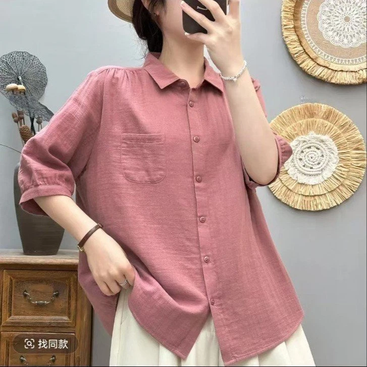 纯色夏季新款五分棉纱时尚休闲衬衫短袖百搭宽松减龄上衣衬衣