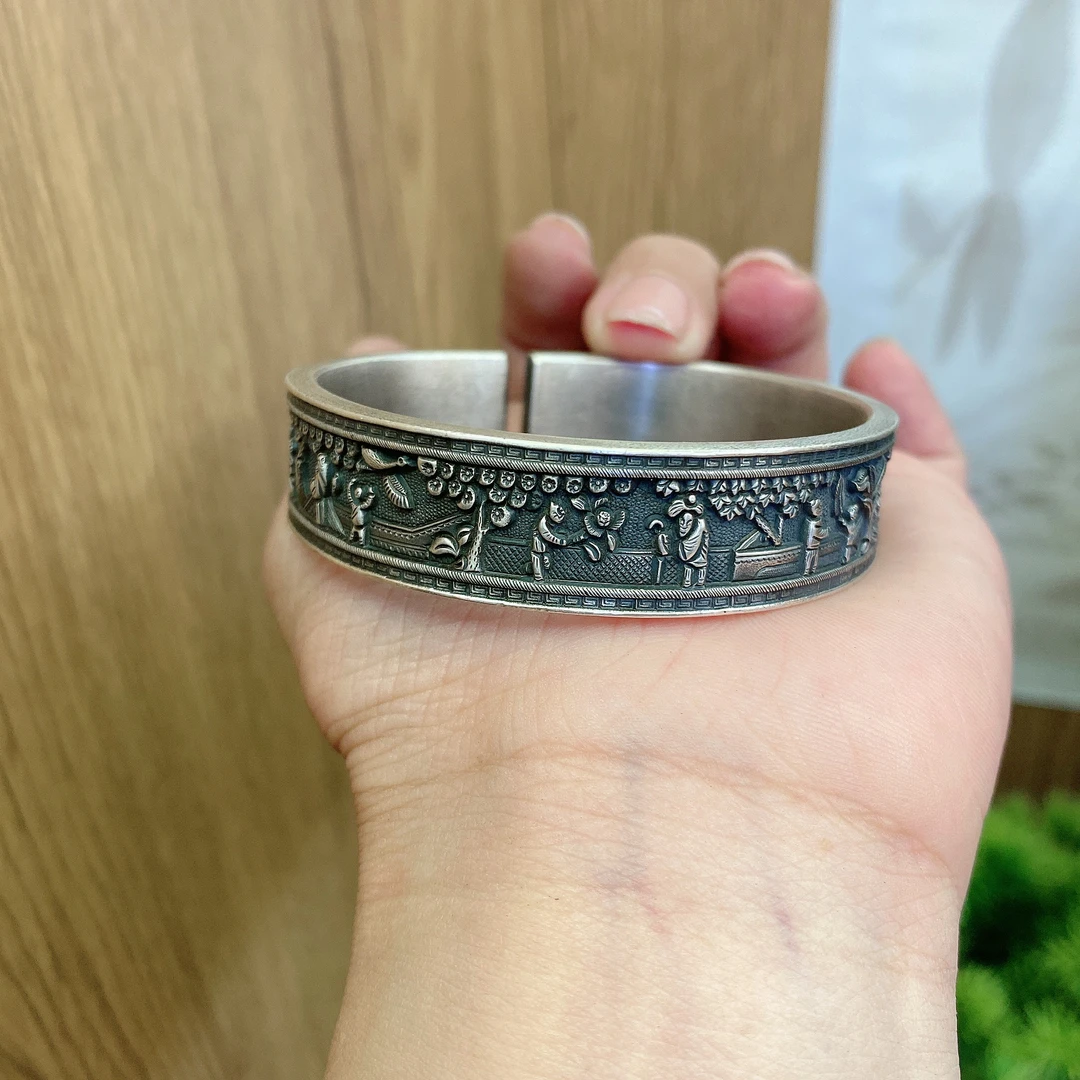 足银手镯 英英手工錾刻银手镯