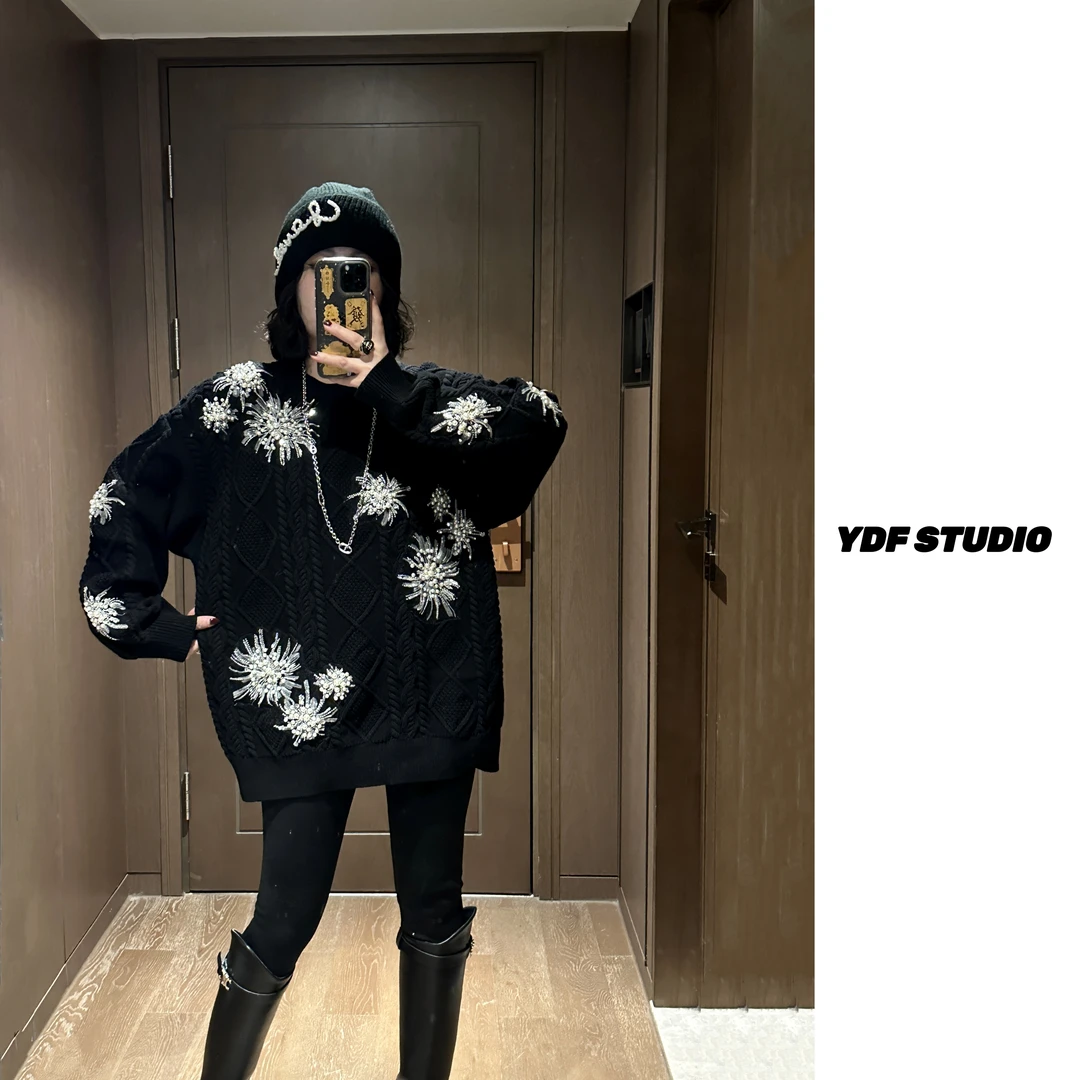 YDFSTUDIO小众【烟花绽放】欧货高定重工亮片烟花贴布绣设计毛衣女