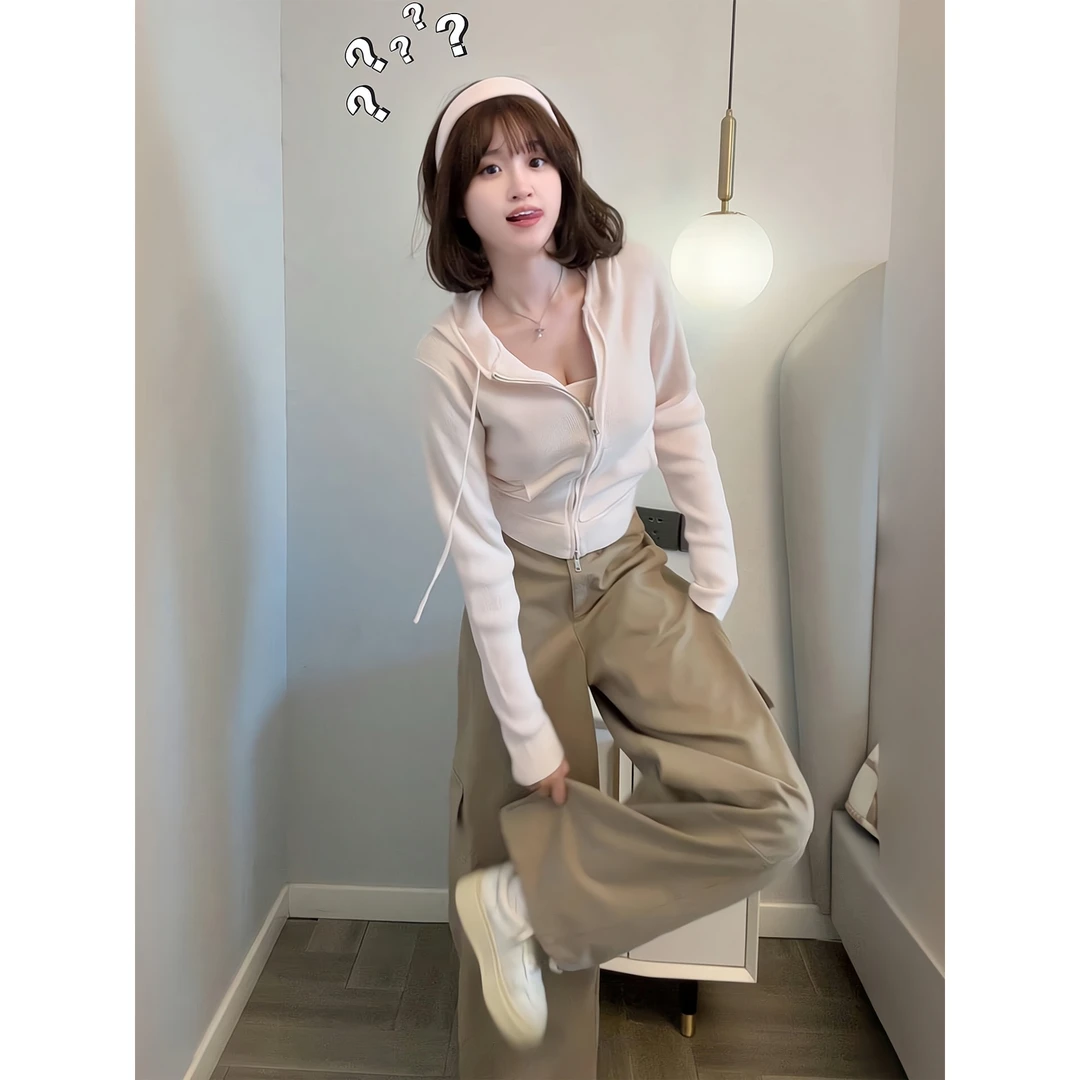 早秋穿搭宽松连帽长袖卫衣短款外套口袋工装裤阔腿弯刀裤直筒长裤