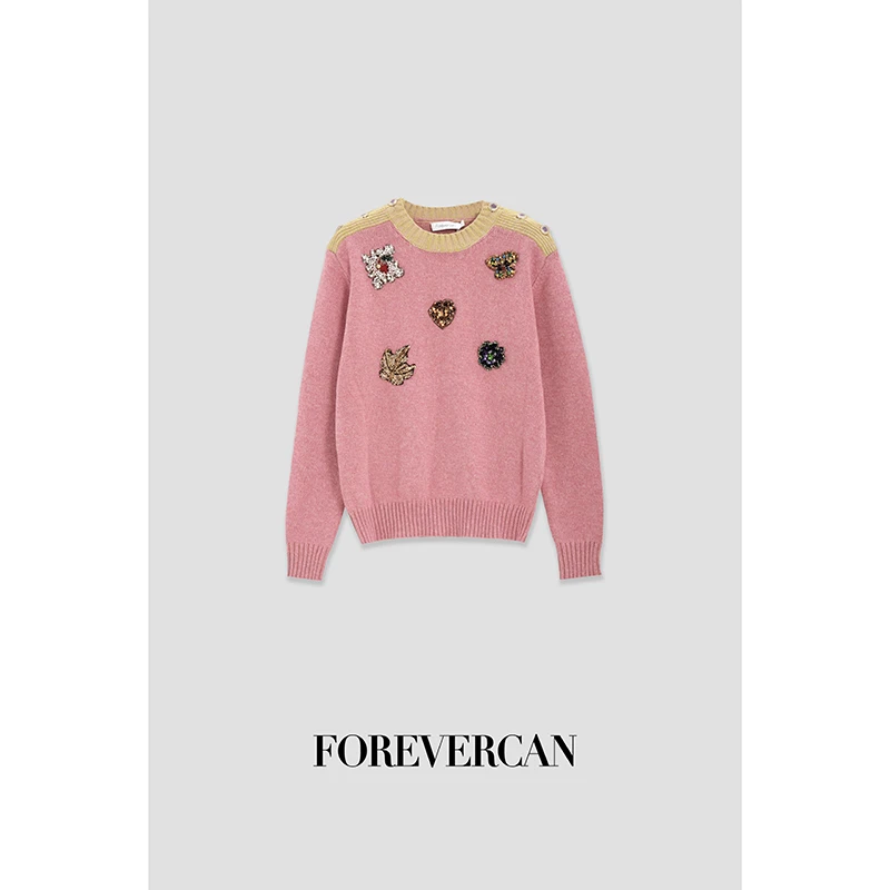 FOREVERCAN小香家手工缝制施华洛钻海棠粉针织毛衣 MY3576