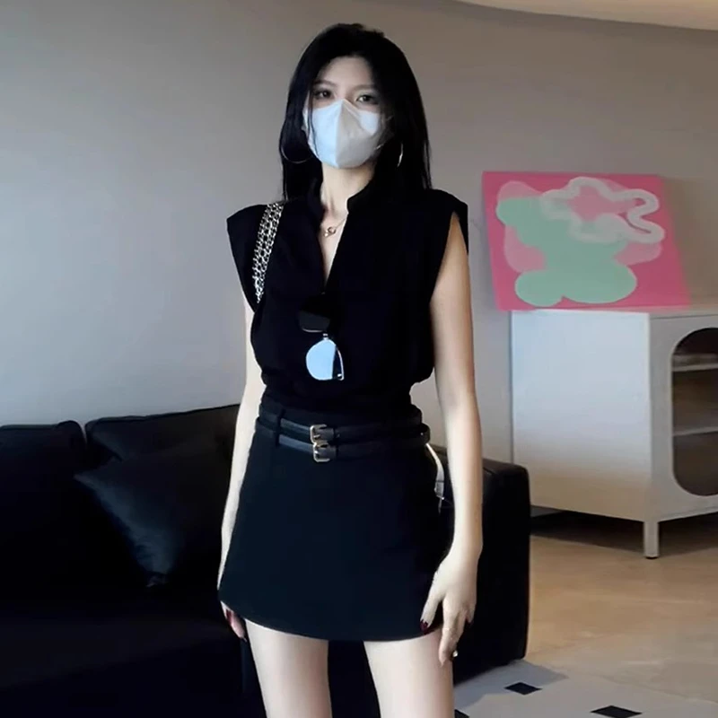 4175高级感黑色短袖衬衫女夏季2025新款高腰短裤子流行的女装套装