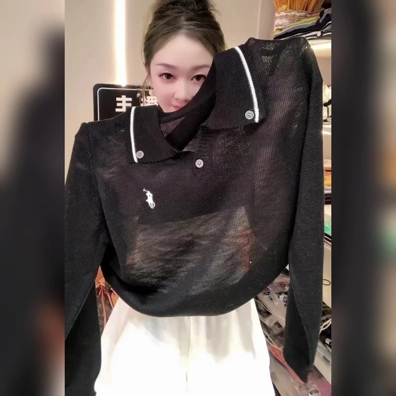 法式高级气质百搭黑色上衣女2025夏季薄款防晒翻领长袖针织衫早秋