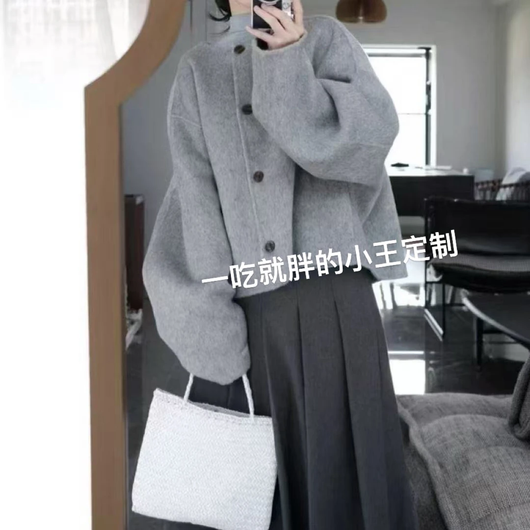 【小王家】 圆领短款冬季韩版宽松气质小香风毛呢外套和半身裙