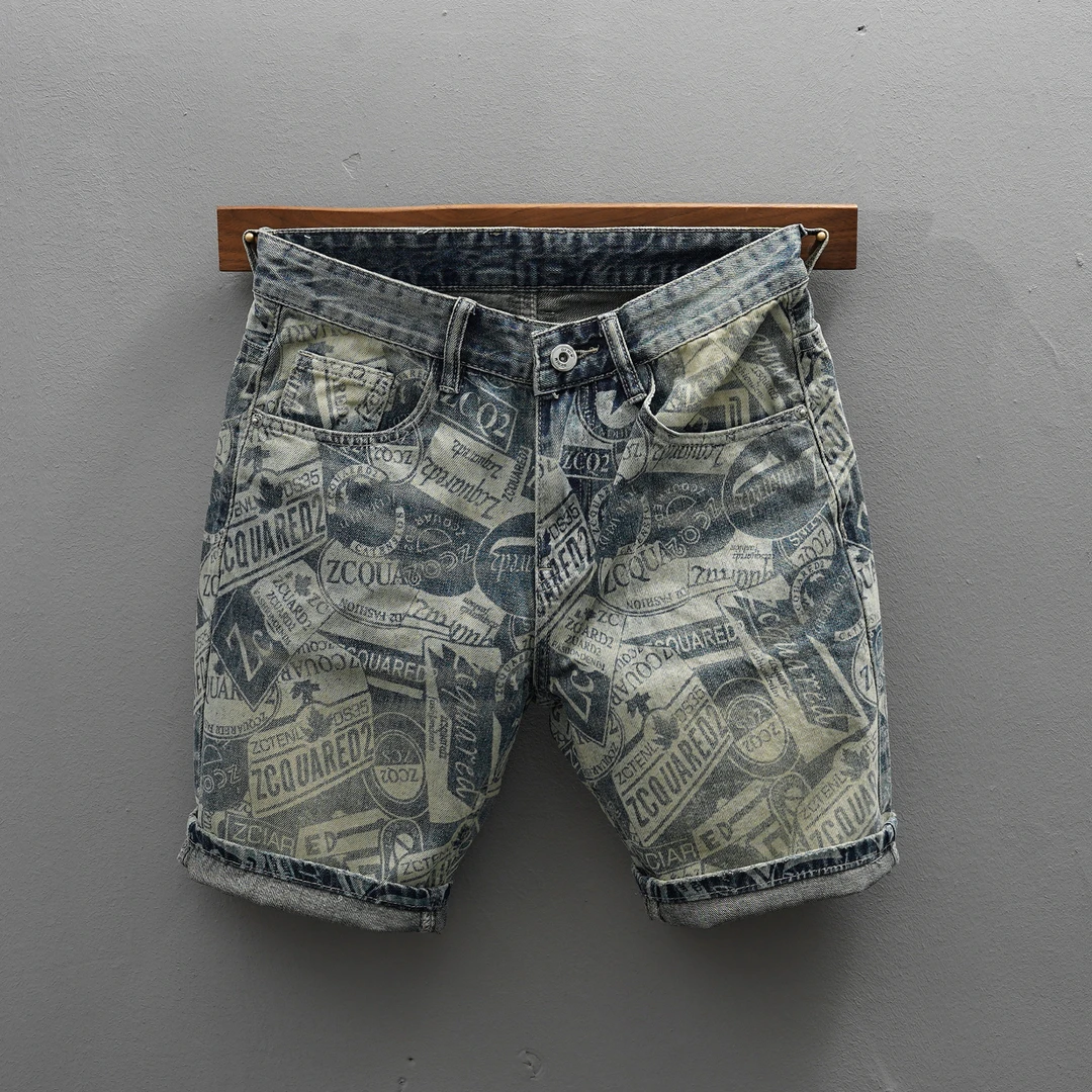 薄款牛仔短裤男2025潮流印花修身小脚痞帅高街百搭炸街四五分裤男