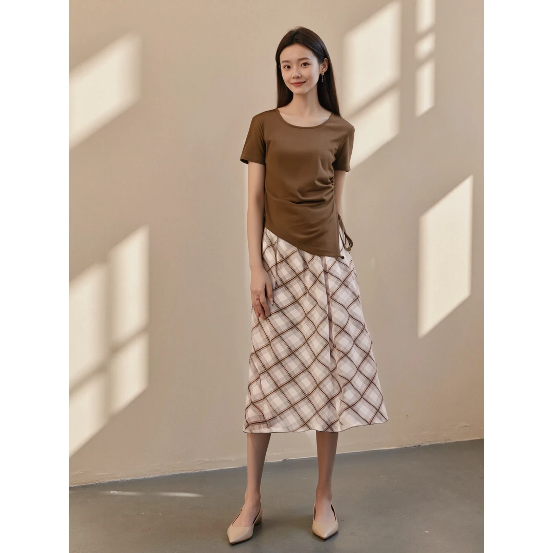 夏季新款圆领短袖上衣高腰格纹半身裙时尚套装HCZW651889