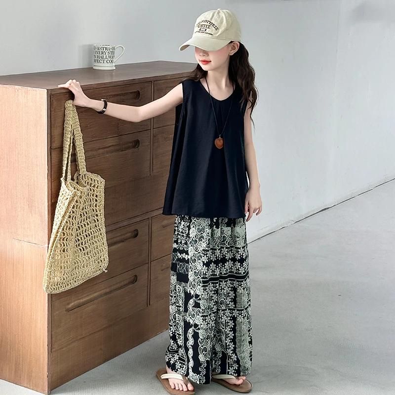 女童夏季套装2025新款韩系女大童无袖上衣慵懒风阔腿长裤子两件套