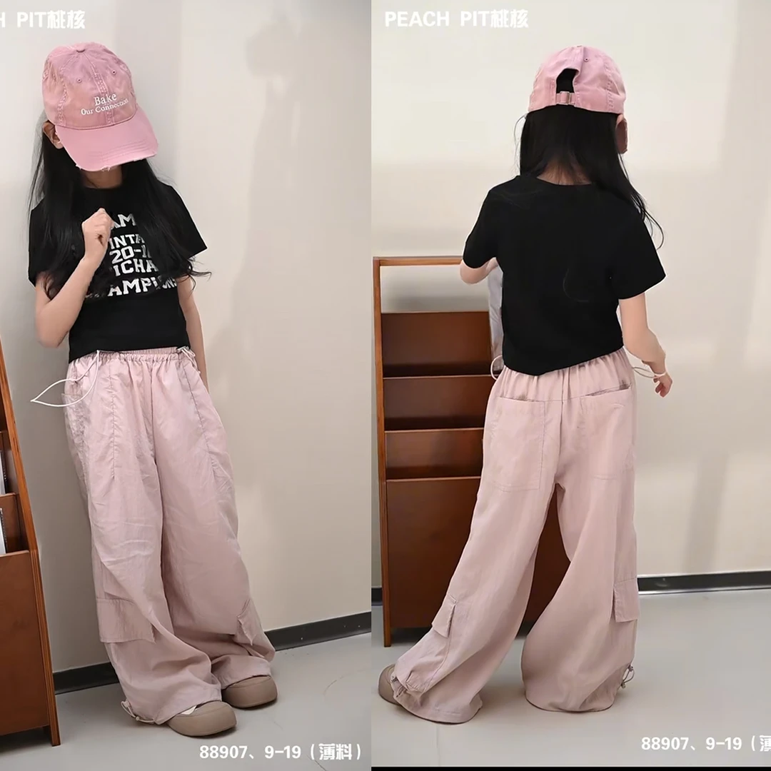 野木薄款男女童百搭薄款工装裤　速干裤拖地裤夏季休闲裤粉色
