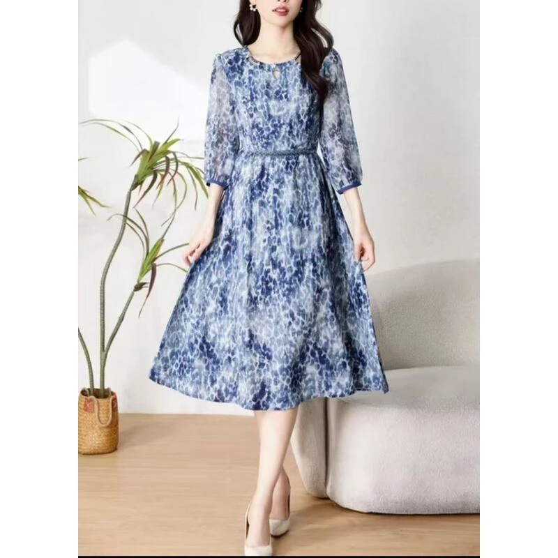 蓝调时刻高级印花连衣裙时尚显瘦中长款裙子A1770