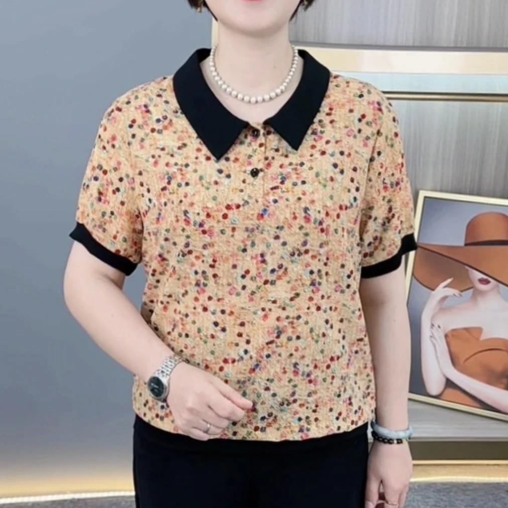 夏季新款时尚娃娃领印花中老年气质妈妈装休闲百搭短袖上衣H0257