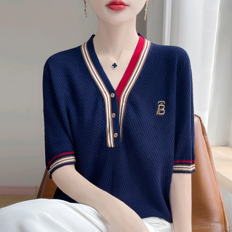 夏装2025新款大码洋气短款针织上衣女宽松显瘦百搭薄款V领短袖T恤