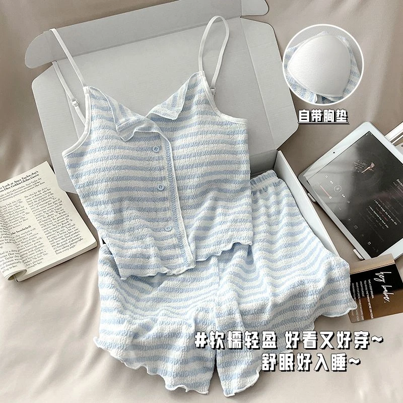 2025新款夏季天莫代尔棉睡衣女款带胸垫韩系吊带条纹两件套家居服