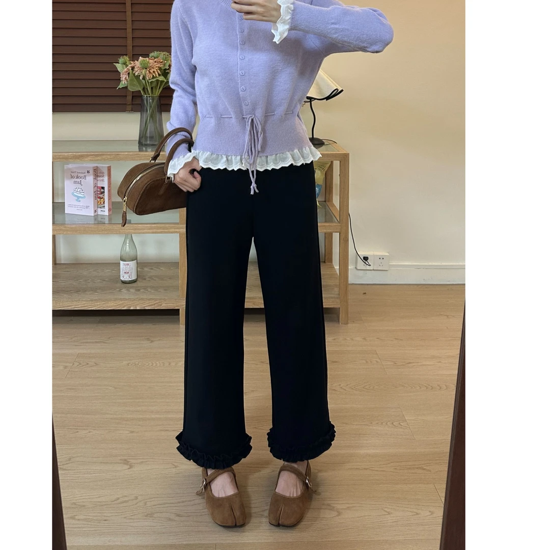 秋冬加绒加厚黑色木耳花边休闲裤大码厚绒高腰宽松显瘦梧桐西装裤