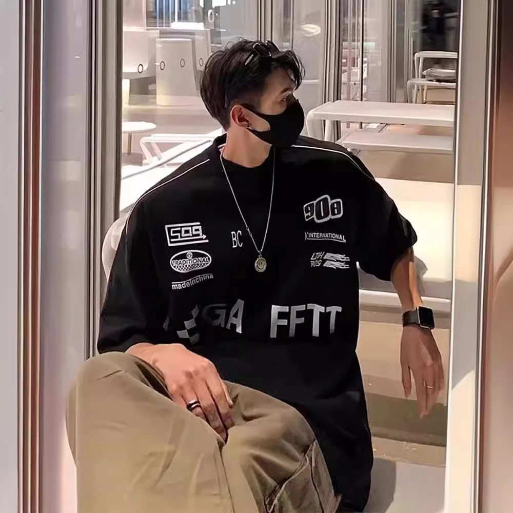 2025新款潮牌短袖男士男夏季宽松五分半袖胖子加肥轻奢痞帅男装