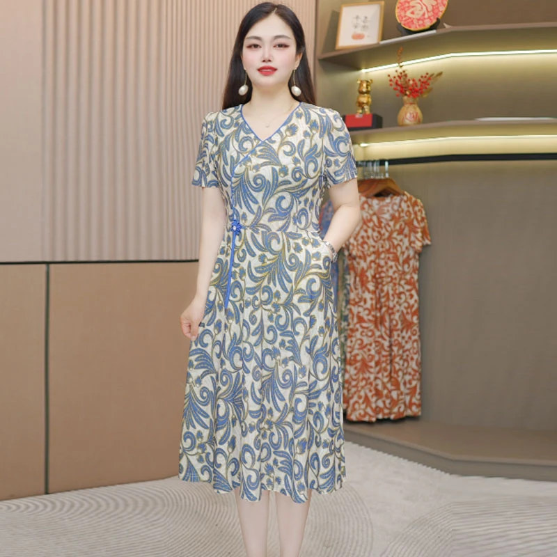 妈妈夏装连衣裙洋气中年妇女气质遮肚长裙中老年夏季过膝裙子