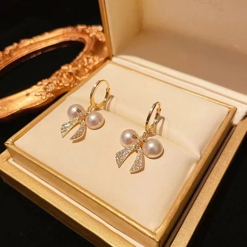 铜合金耳饰 蝴蝶结珠珠耳环潮小众设计高级感气质百搭耳饰N1549