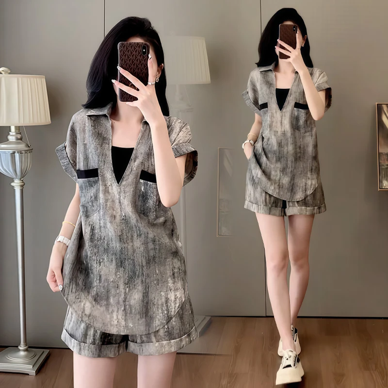 休闲时髦百搭套装女2025年夏季新款假两件撞色上衣短裤两件套潮