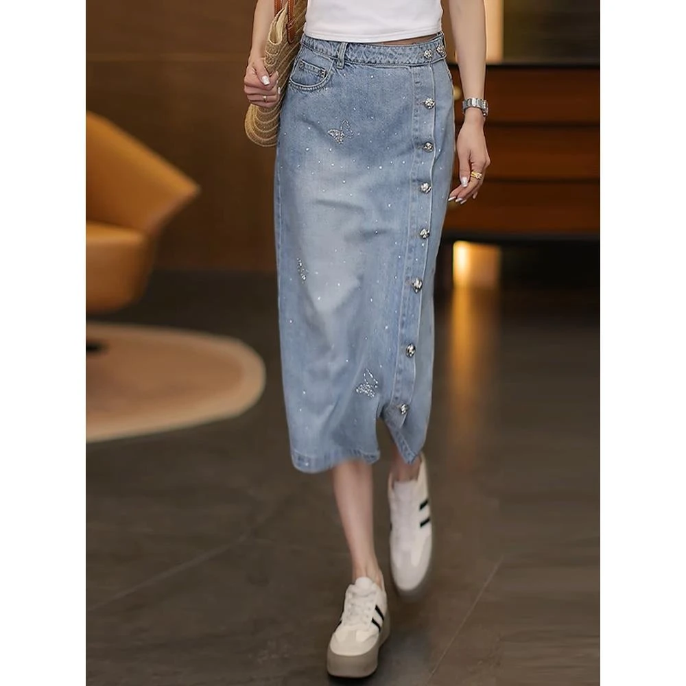 设计感重工烫钻牛仔半身裙女2025夏季新款小个子显瘦直筒包臀裙子