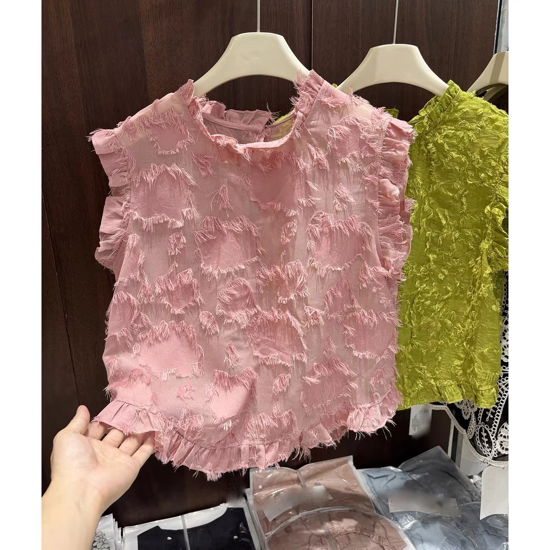 背后纽扣木耳边毛毛须须无袖衬衫上衣女夏季设计感短款衫衬上衣