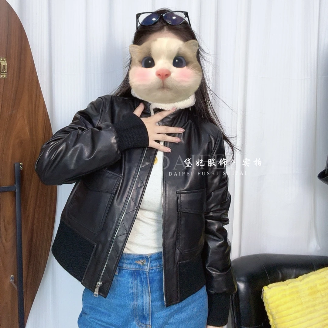 海宁2025冬季新款真皮皮衣女短款松紧腰水貂毛领鹅绒真皮显瘦皮衣