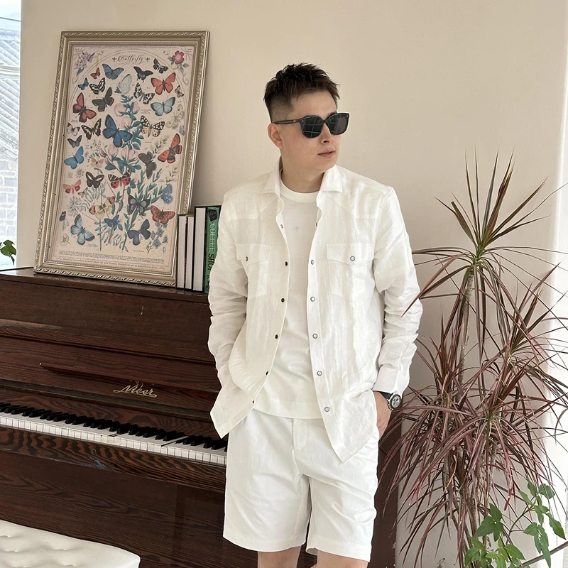 夏季老钱100%亚麻温莎领长袖薄款衬衫男士英伦绅士商务休闲衬衣