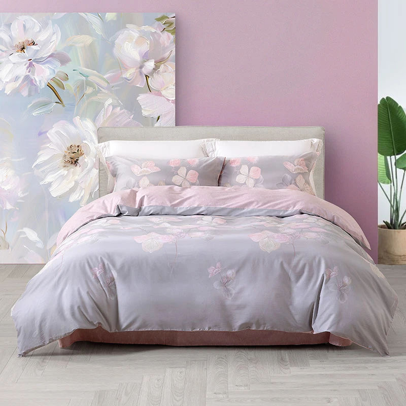 水星家纺 早春新款灰粉色花卉床单被套100纯棉四件套床上用品套件