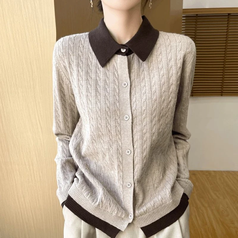 法式复古POLO领撞色针织开衫女短外套毛衣秋冬季新款叠穿打底上衣