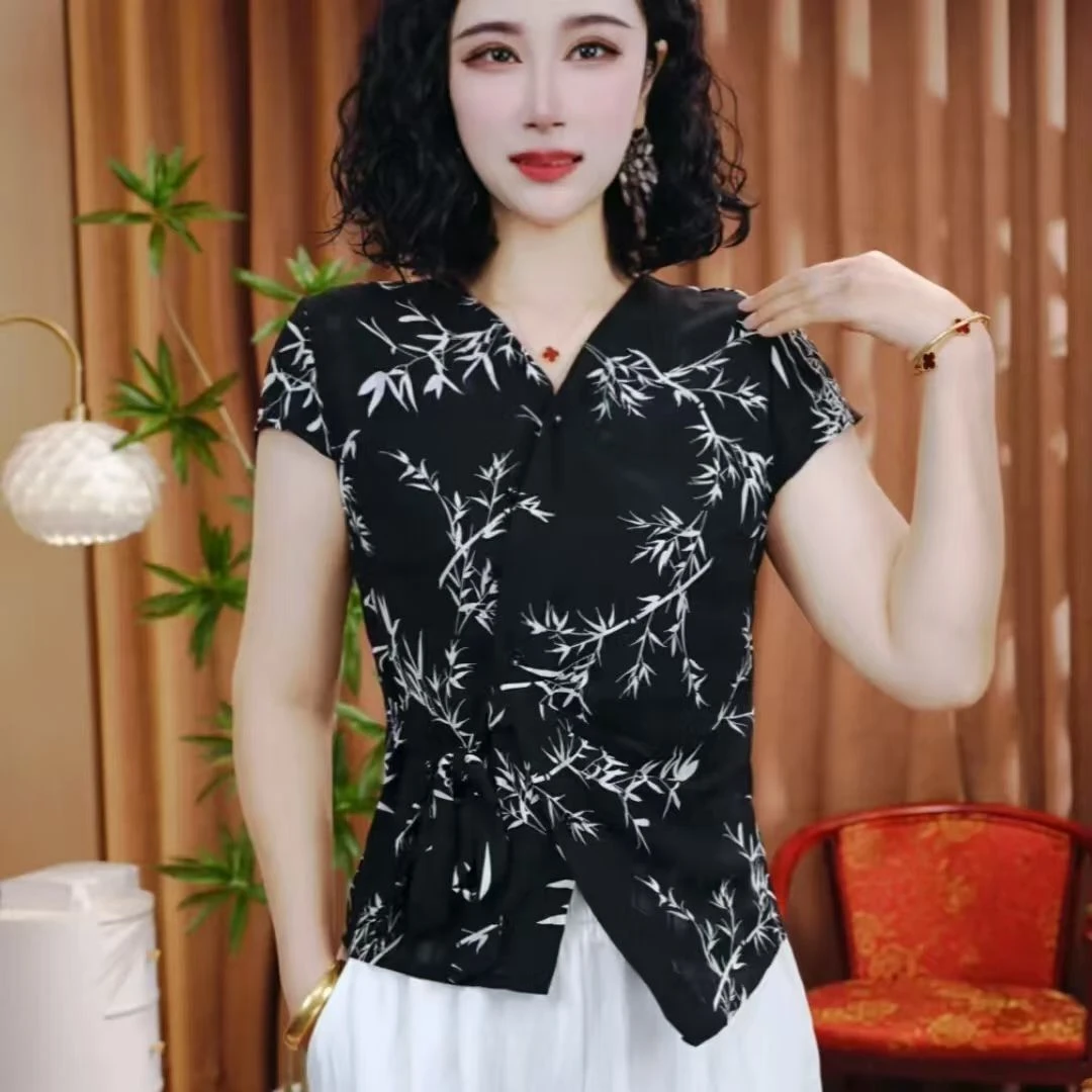 夏季新款休闲薄款竹叶时尚简约百搭女洋气显瘦小衫设计感