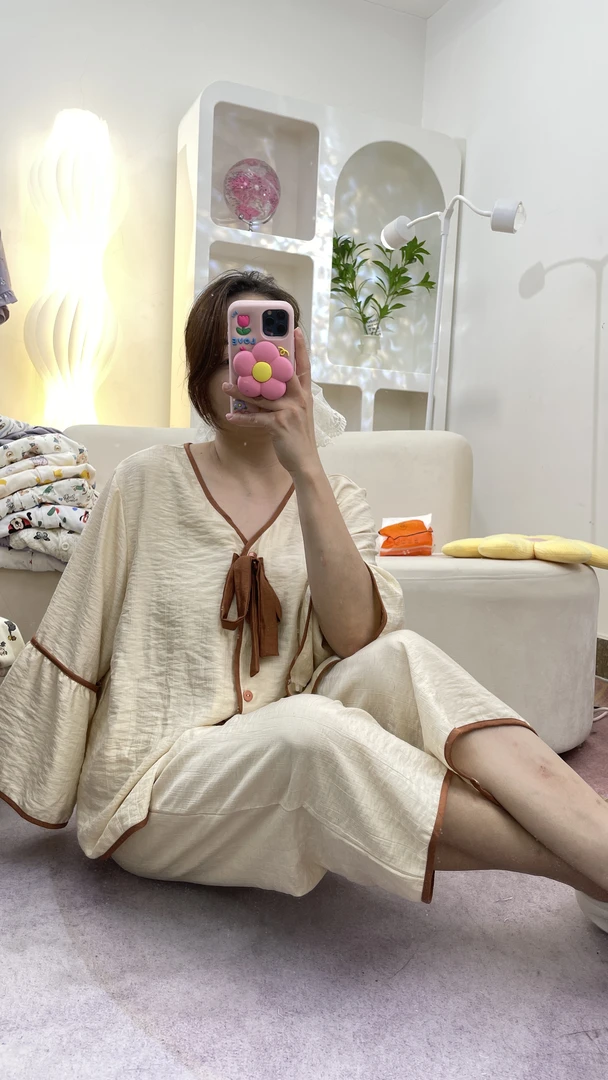 亚麻睡衣春夏女高档睡衣空调服七分裤凉感透气宽松大码时尚家居服