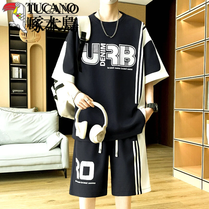啄木鸟2025夏季休闲运动套装男夏季青少年宽松短袖T恤短裤一套男