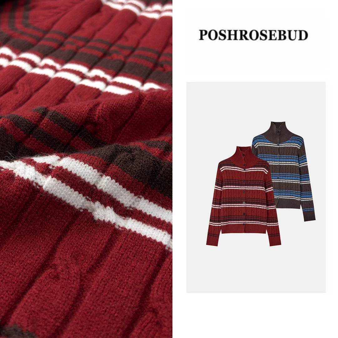 【POSHROSEBUD】韩系撞色条纹立领针织衫秋冬通勤时尚百搭上衣8118