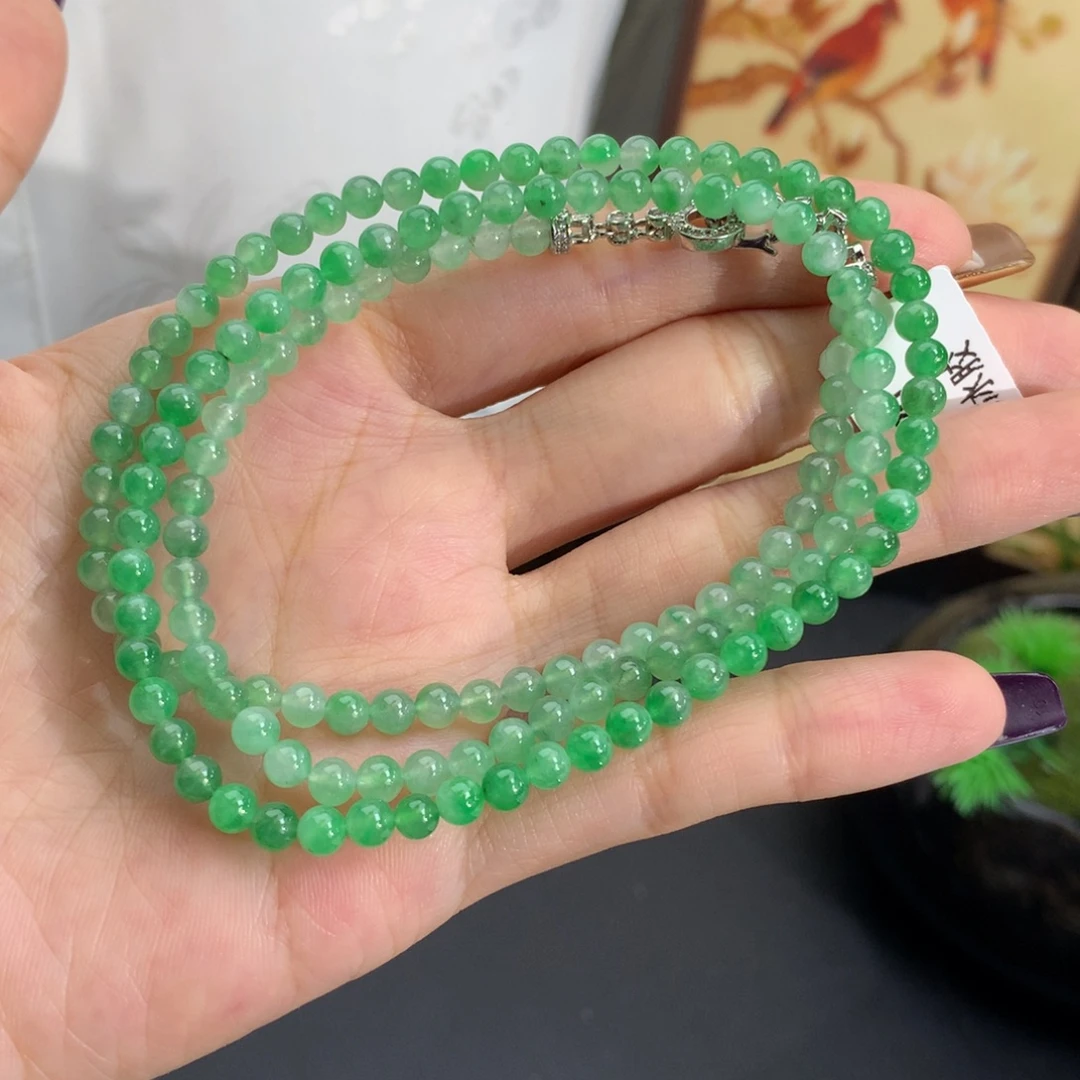 翡翠未镶嵌手串卡4冰胶渐变绿项链