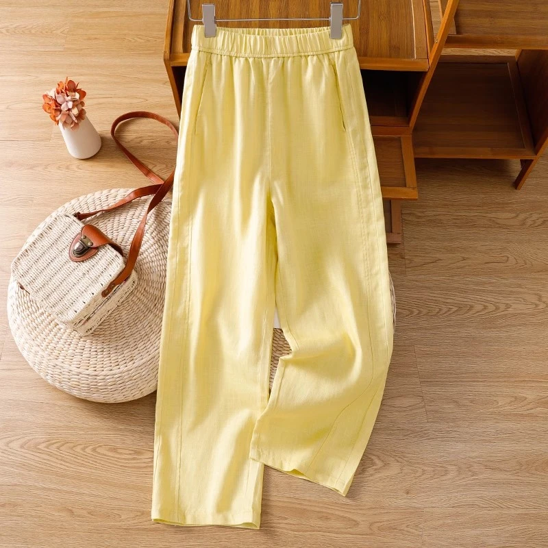 艾格黄色亚麻阔腿裤女夏季薄款2025新款冰丝防晒九分裤棉麻直筒裤