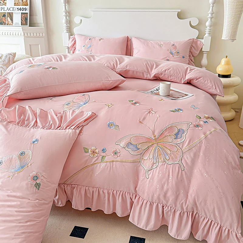 甜美花边款公主风刺绣款被套四件套亲肤柔软裸睡床单被套床上用品