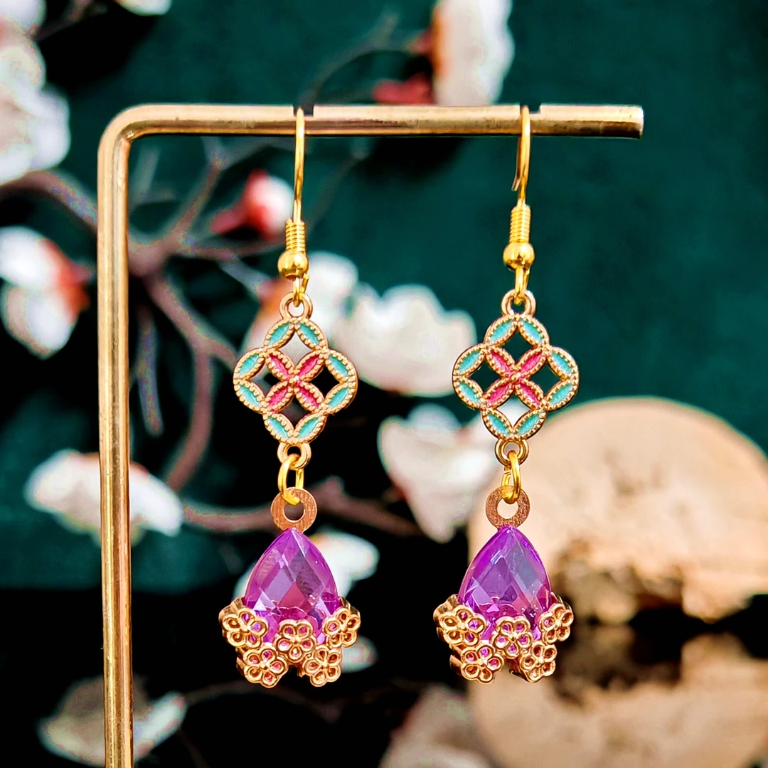 多吉米紫花萦心复古新中式耳环耳夹原创配汉服旗袍